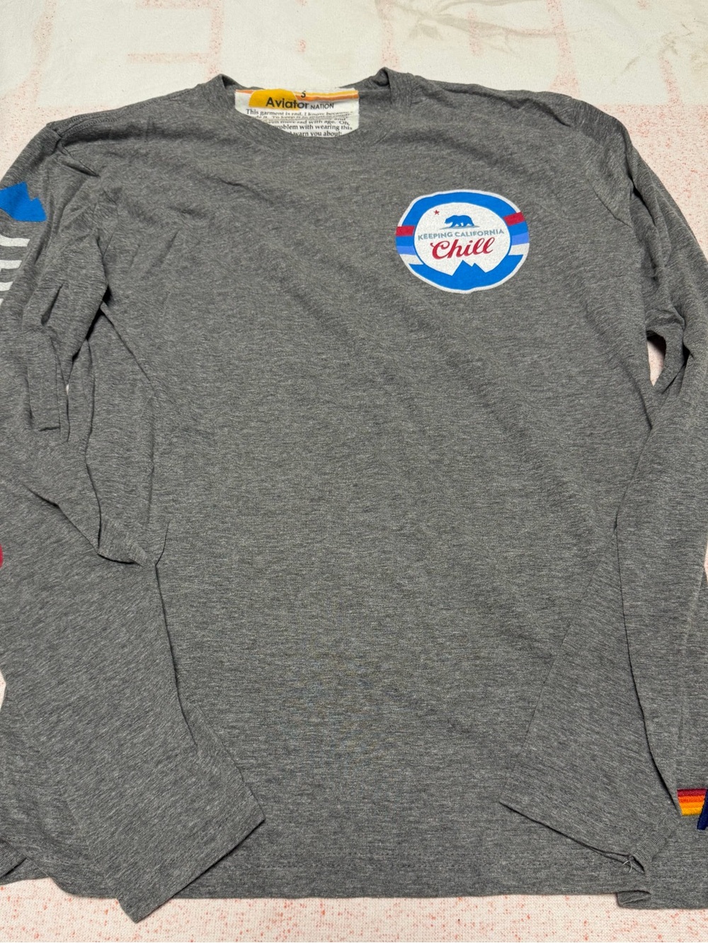 Aviator Nation Gray Long Sleeve Tee with Blue & Red 'Chill' Badge